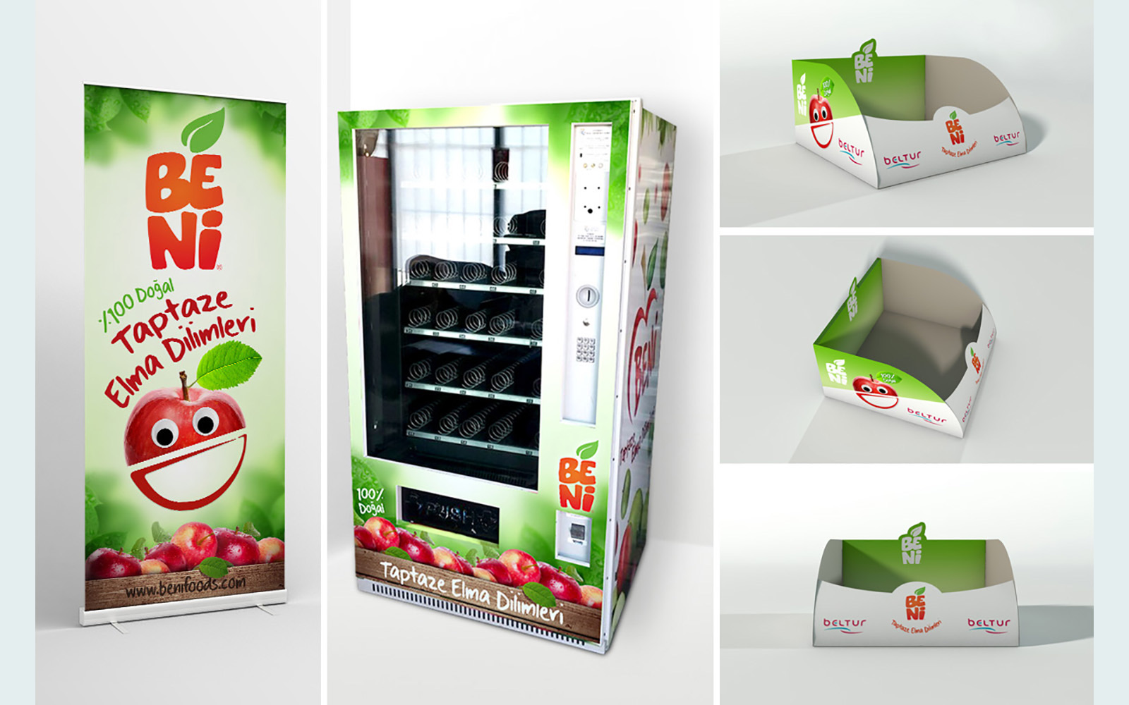 A Beni roll-up banner with a smiling apple, beside a vending machine wrapped in Beni green and red apples