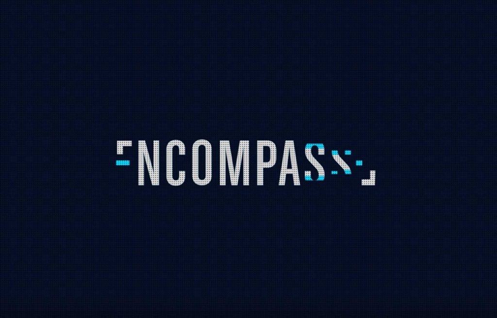 The Encompass logo: white condensed capitals on dark navy; the E is two L shapes closing around a blue middle bar