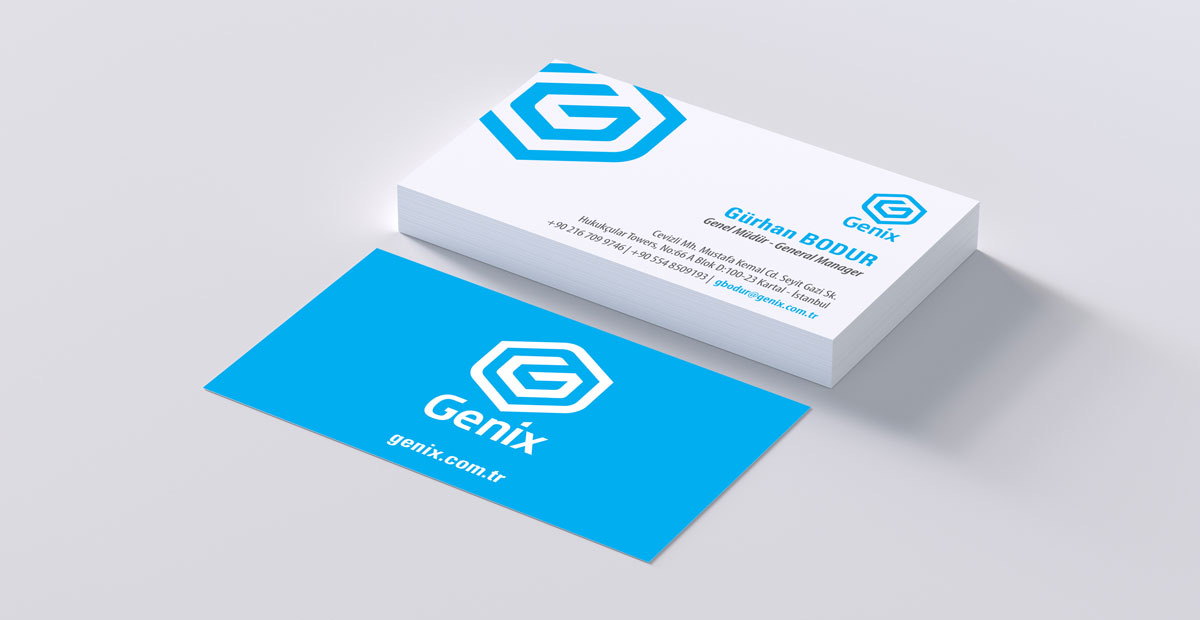 Genix business cards in white and blue, under the same G mark