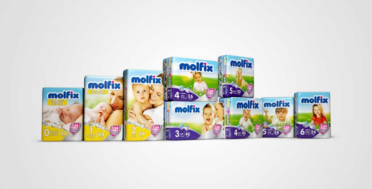 The Molfix range: diaper packs in every size, each carrying the new logo