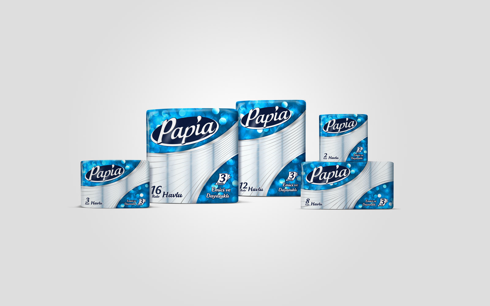 The Papia range in blue, from small to large packs