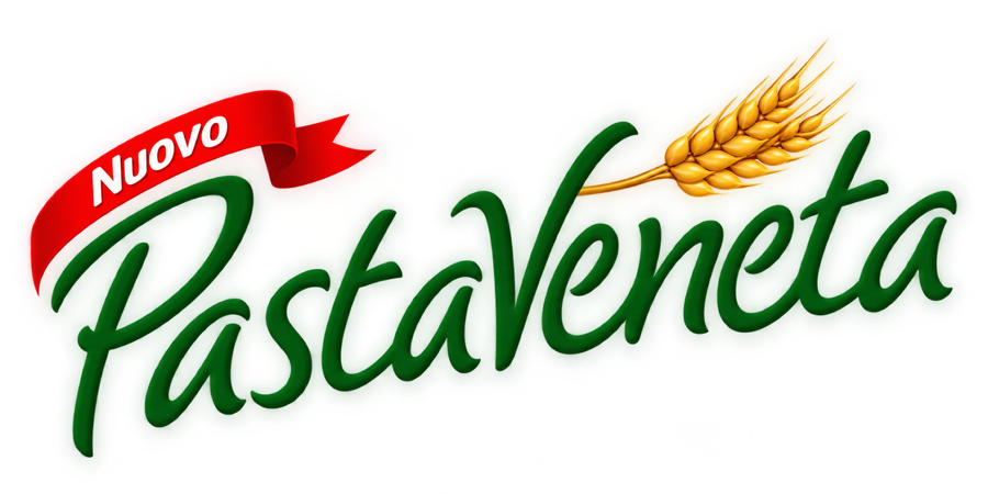 The Pasta Veneta logo: green script, a golden ear of wheat and a red Nuovo ribbon