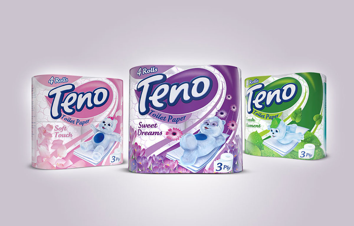 Teno packs in pink, purple and green with the bear on the paper