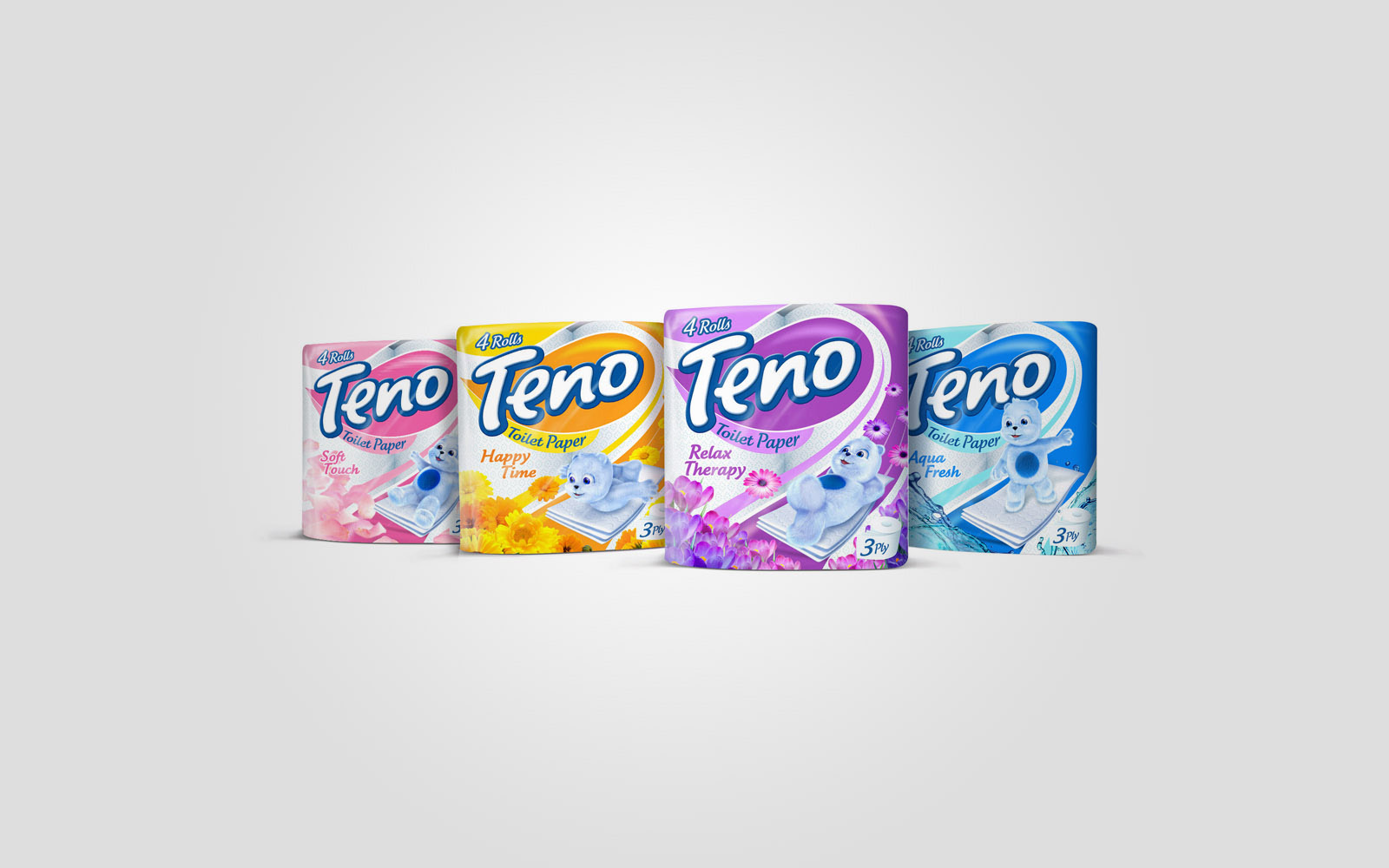 Four Teno packs in pink, yellow, purple and blue