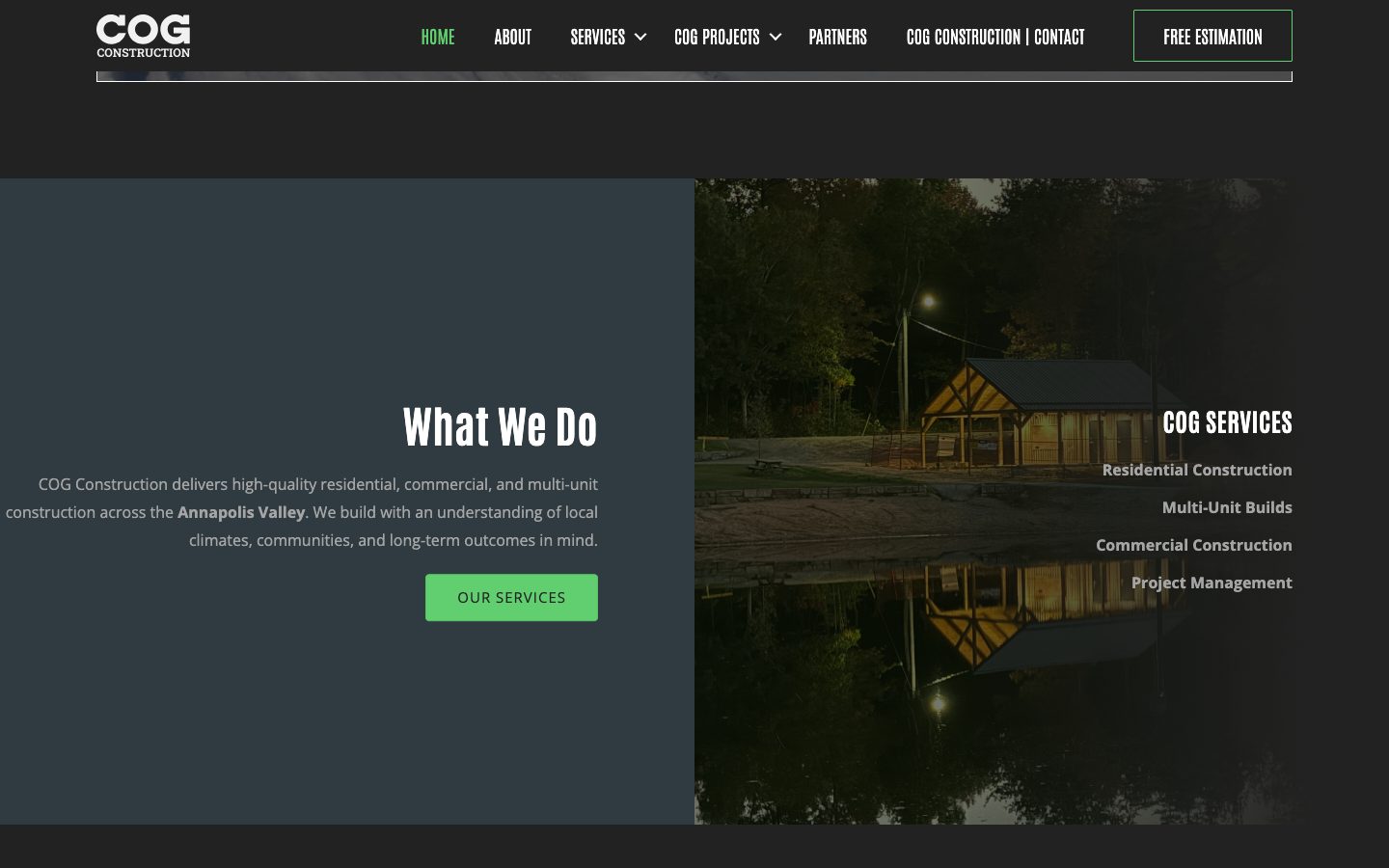 The What We Do section: a slate panel of text beside a night photograph of a timber building