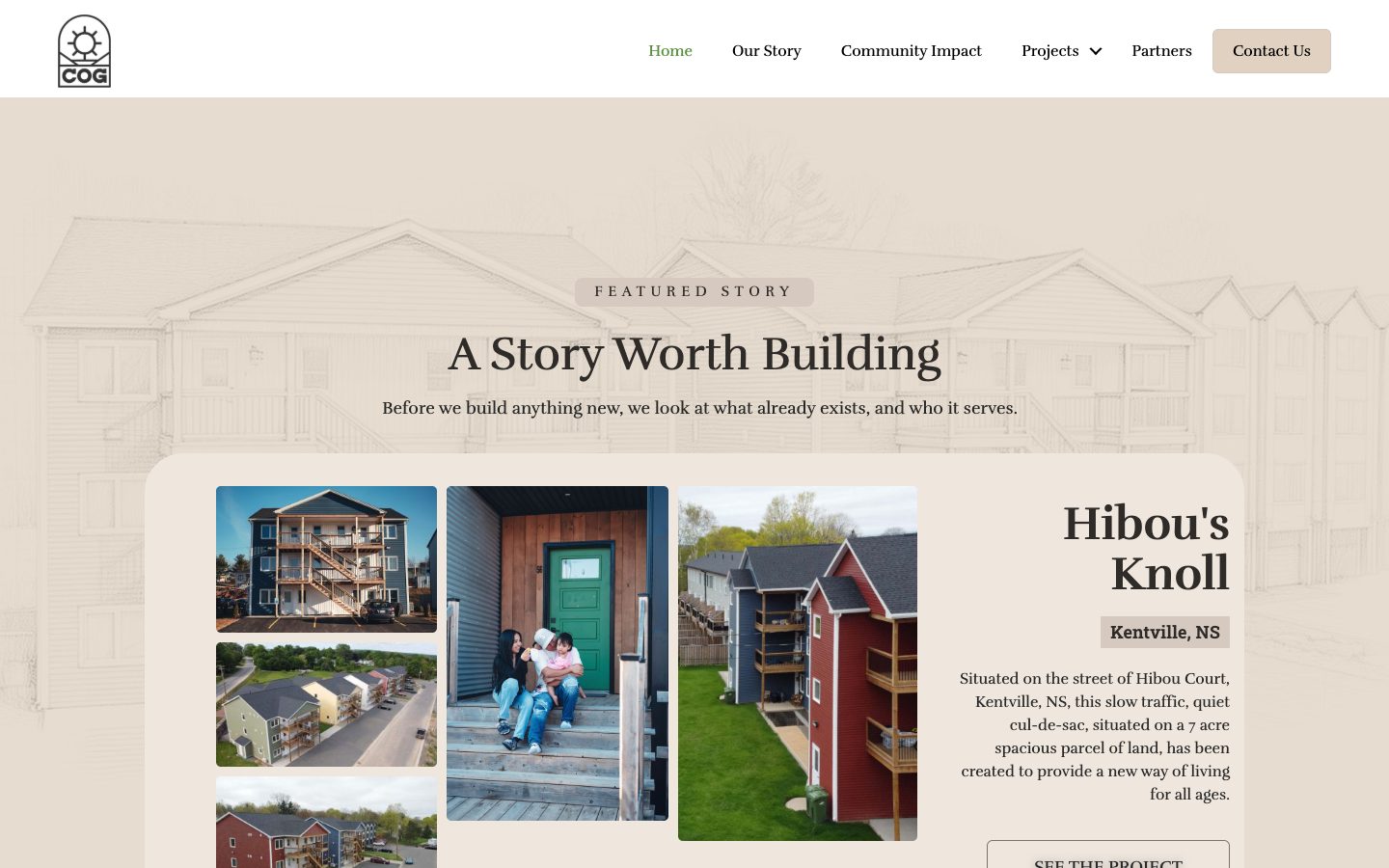 The featured story section: A Story Worth Building, with photographs of Hibou's Knoll in a rounded cream card