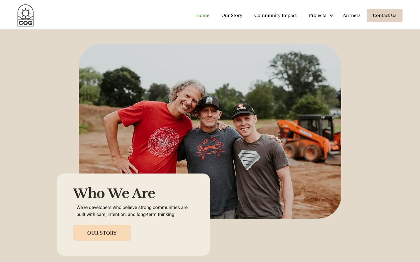 The Who We Are section: three members of the team on a building site, with a rounded card of text overlapping the photograph