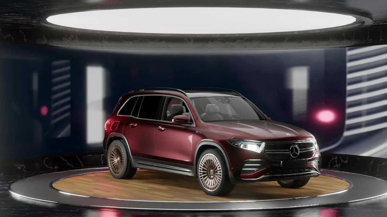 A burgundy Mercedes-Benz SUV on a timber turntable under a ring of light