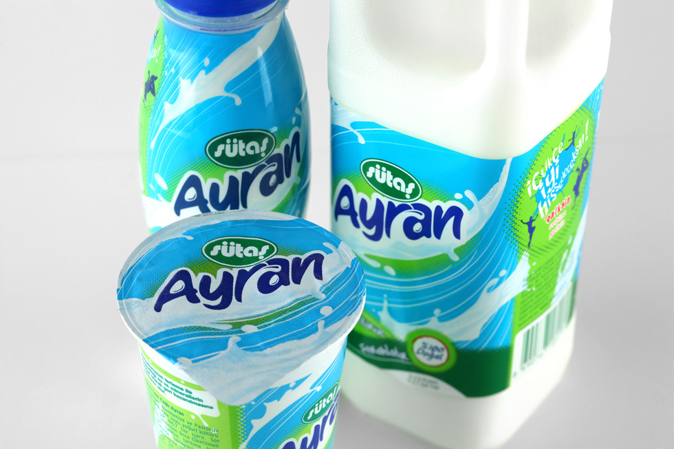 Sütaş Ayran cup, bottle and jug, close up